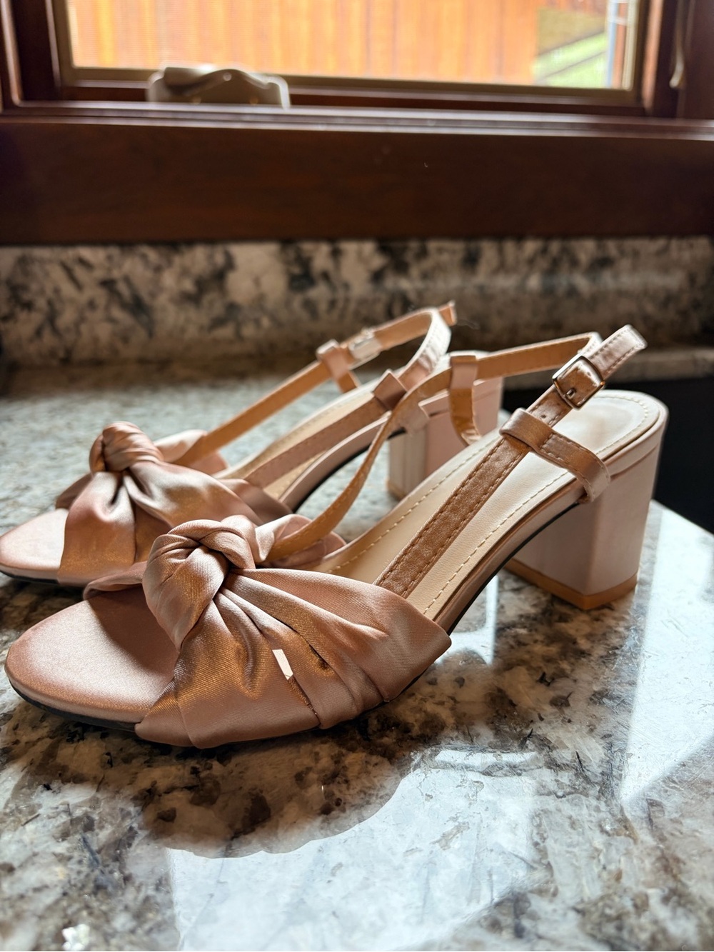 Satin Knot Slingback Block Heel Sandals in Blush